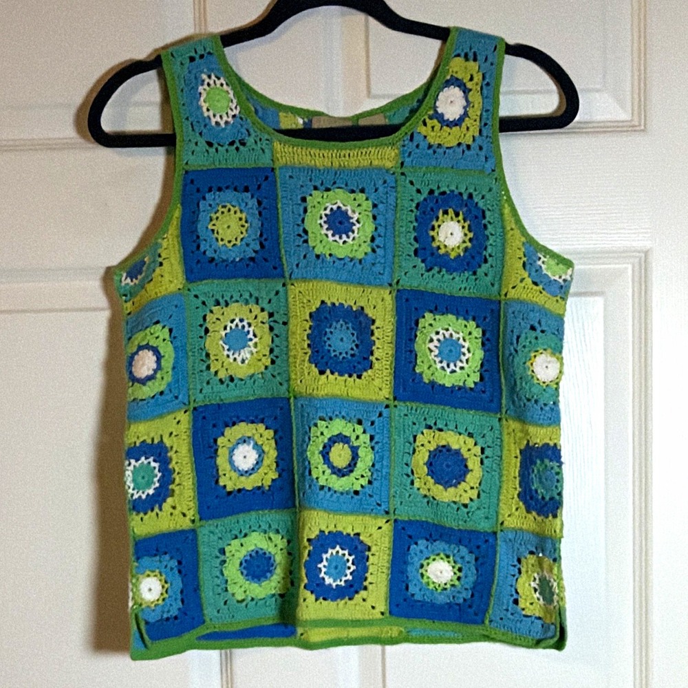 Sigrid Olsen Sport Handmade Crochet Knit Tank Top Size S Blue Green White